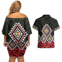Kia Ora Aotearoa Couples Matching Off Shoulder Short Dress and Hawaiian Shirt 2025 Pasifika Maori Taniko Motifs LT14 - Polynesian Pride