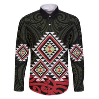 Kia Ora Aotearoa Family Matching Puletasi and Hawaiian Shirt 2025 Pasifika Maori Taniko Motifs LT14 Dad's Shirt - Long Sleeve Black - Polynesian Pride