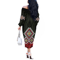 Kia Ora Aotearoa Off The Shoulder Long Sleeve Dress 2025 Pasifika Maori Taniko Motifs LT14 - Polynesian Pride