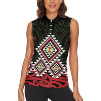 Kia Ora Aotearoa Women Sleeveless Polo Shirt 2025 Pasifika Maori Taniko Motifs LT14 - Polynesian Pride