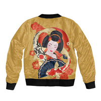 Japanese Geisha Koi Fish Bomber Jacket Cherry Blossoms Yellow Seigaiha Pattern - Polynesian Pride