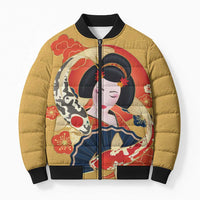 Japanese Geisha Koi Fish Bomber Puffer Jacket Cherry Blossoms Yellow Seigaiha Pattern - Polynesian Pride