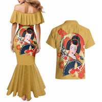 Japanese Geisha Koi Fish Couples Matching Mermaid Dress and Hawaiian Shirt Cherry Blossoms Yellow Seigaiha Pattern LT14 - Polynesian Pride