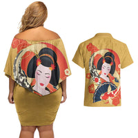 Japanese Geisha Koi Fish Couples Matching Off Shoulder Short Dress and Hawaiian Shirt Cherry Blossoms Yellow Seigaiha Pattern LT14 - Polynesian Pride