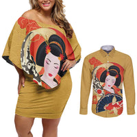 Japanese Geisha Koi Fish Couples Matching Off Shoulder Short Dress and Long Sleeve Button Shirt Cherry Blossoms Yellow Seigaiha Pattern LT14 Yellow - Polynesian Pride