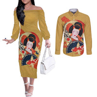 Japanese Geisha Koi Fish Couples Matching Off The Shoulder Long Sleeve Dress and Long Sleeve Button Shirt Cherry Blossoms Yellow Seigaiha Pattern LT14 Yellow - Polynesian Pride