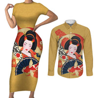 Japanese Geisha Koi Fish Couples Matching Short Sleeve Bodycon Dress and Long Sleeve Button Shirt Cherry Blossoms Yellow Seigaiha Pattern LT14 Yellow - Polynesian Pride