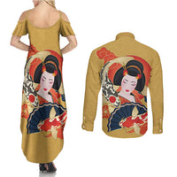Japanese Geisha Koi Fish Couples Matching Summer Maxi Dress and Long Sleeve Button Shirt Cherry Blossoms Yellow Seigaiha Pattern LT14 - Polynesian Pride