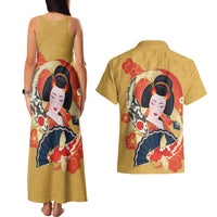 Japanese Geisha Koi Fish Couples Matching Tank Maxi Dress and Hawaiian Shirt Cherry Blossoms Yellow Seigaiha Pattern LT14 - Polynesian Pride