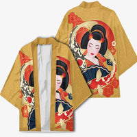 Japanese Geisha Koi Fish Kimono Cherry Blossoms Yellow Seigaiha Pattern - Polynesian Pride