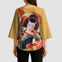 Japanese Geisha Koi Fish Kimono Sleeve Blouse Cherry Blossoms Yellow Seigaiha Pattern - Polynesian Pride