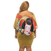 Japanese Geisha Koi Fish Off Shoulder Short Dress Cherry Blossoms Yellow Seigaiha Pattern - Polynesian Pride