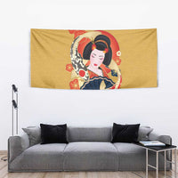Japanese Geisha Koi Fish Tapestry Cherry Blossoms Yellow Seigaiha Pattern - Polynesian Pride