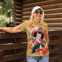 Japanese Geisha Koi Fish Women Polo Shirt Cherry Blossoms Yellow Seigaiha Pattern - Polynesian Pride