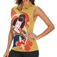 Japanese Geisha Koi Fish Women Sleeveless Polo Shirt Cherry Blossoms Yellow Seigaiha Pattern LT14 - Polynesian Pride