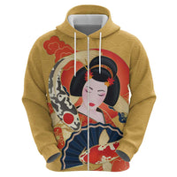 Japanese Geisha Koi Fish Zip Hoodie Cherry Blossoms Yellow Seigaiha Pattern - Polynesian Pride