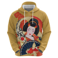 Japanese Geisha Koi Fish Zip Hoodie Cherry Blossoms Yellow Seigaiha Pattern - Polynesian Pride