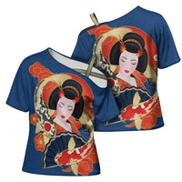 Japanese Geisha Koi Fish Cross Shoulder Shirt Cherry Blossoms Blue Seigaiha Pattern - Polynesian Pride