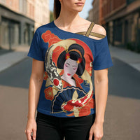 Japanese Geisha Koi Fish Cross Shoulder Shirt Cherry Blossoms Blue Seigaiha Pattern - Polynesian Pride