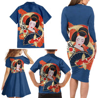 Japanese Geisha Koi Fish Family Matching Long Sleeve Bodycon Dress and Hawaiian Shirt Cherry Blossoms Blue Seigaiha Pattern LT14 - Polynesian Pride