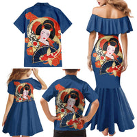 Japanese Geisha Koi Fish Family Matching Mermaid Dress and Hawaiian Shirt Cherry Blossoms Blue Seigaiha Pattern LT14 - Polynesian Pride