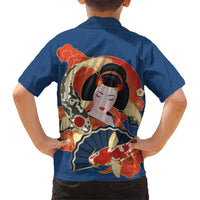 Japanese Geisha Koi Fish Family Matching Off Shoulder Maxi Dress and Hawaiian Shirt Cherry Blossoms Blue Seigaiha Pattern LT14 - Polynesian Pride