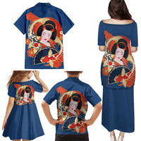 Japanese Geisha Koi Fish Family Matching Puletasi and Hawaiian Shirt Cherry Blossoms Blue Seigaiha Pattern LT14 - Polynesian Pride