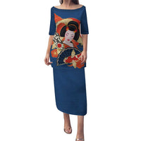 Japanese Geisha Koi Fish Family Matching Puletasi and Hawaiian Shirt Cherry Blossoms Blue Seigaiha Pattern LT14 Mom's Dress Blue - Polynesian Pride