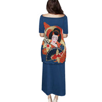 Japanese Geisha Koi Fish Family Matching Puletasi and Hawaiian Shirt Cherry Blossoms Blue Seigaiha Pattern LT14 - Polynesian Pride