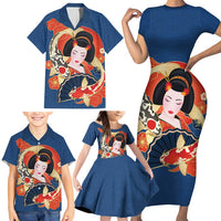 Japanese Geisha Koi Fish Family Matching Short Sleeve Bodycon Dress and Hawaiian Shirt Cherry Blossoms Blue Seigaiha Pattern LT14 - Polynesian Pride