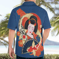 Japanese Geisha Koi Fish Hawaiian Shirt Cherry Blossoms Blue Seigaiha Pattern - Polynesian Pride