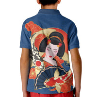 Japanese Geisha Koi Fish Kid Polo Shirt Cherry Blossoms Blue Seigaiha Pattern - Polynesian Pride