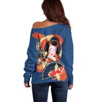 Japanese Geisha Koi Fish Off Shoulder Sweater Cherry Blossoms Blue Seigaiha Pattern - Polynesian Pride