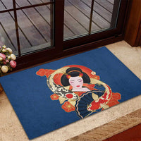 Japanese Geisha Koi Fish Rubber Doormat Cherry Blossoms Blue Seigaiha Pattern - Polynesian Pride