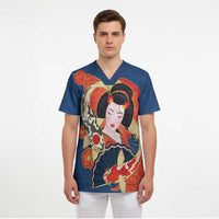 Japanese Geisha Koi Fish Scrub Top Cherry Blossoms Blue Seigaiha Pattern - Polynesian Pride