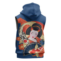 Japanese Geisha Koi Fish Sleeveless Zip Hoodie Cherry Blossoms Blue Seigaiha Pattern - Polynesian Pride