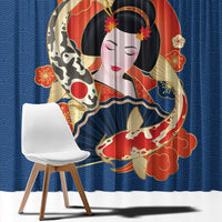 Japanese Geisha Koi Fish Window Curtain Cherry Blossoms Blue Seigaiha Pattern - Polynesian Pride