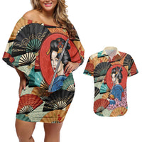 Japanese Geisha Katana Couples Matching Off Shoulder Short Dress and Hawaiian Shirt Japan Sensu Seigaiha Pattern LT14 Multicolor - Polynesian Pride