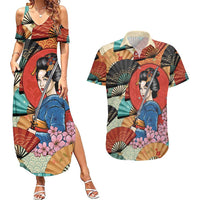 Japanese Geisha Katana Couples Matching Summer Maxi Dress and Hawaiian Shirt Japan Sensu Seigaiha Pattern LT14 Multicolor - Polynesian Pride