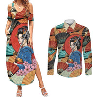 Japanese Geisha Katana Couples Matching Summer Maxi Dress and Long Sleeve Button Shirt Japan Sensu Seigaiha Pattern LT14 Multicolor - Polynesian Pride