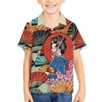 Japanese Geisha Katana Family Matching Off The Shoulder Long Sleeve Dress and Hawaiian Shirt Japan Sensu Seigaiha Pattern LT14 Son's Shirt Multicolor - Polynesian Pride