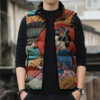 Japanese Geisha Katana Sleeveless Puffer Jacket Japan Sensu Seigaiha Pattern - Polynesian Pride
