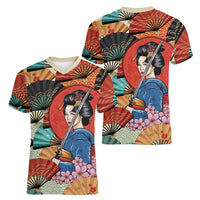 Japanese Geisha Katana Women V-Neck T-Shirt Japan Sensu Seigaiha Pattern LT14 - Polynesian Pride