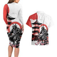 Japanese Samurai Warrior Enso Couples Matching Long Sleeve Bodycon Dress and Hawaiian Shirt Japan Pagoda Sakura Watercolor LT14 - Polynesian Pride