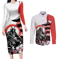 Japanese Samurai Warrior Enso Couples Matching Long Sleeve Bodycon Dress and Long Sleeve Button Shirt Japan Pagoda Sakura Watercolor LT14 White - Polynesian Pride