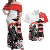 Japanese Samurai Warrior Enso Couples Matching Off Shoulder Maxi Dress and Hawaiian Shirt Japan Pagoda Sakura Watercolor LT14 White - Polynesian Pride