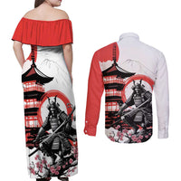 Japanese Samurai Warrior Enso Couples Matching Off Shoulder Maxi Dress and Long Sleeve Button Shirt Japan Pagoda Sakura Watercolor LT14 - Polynesian Pride
