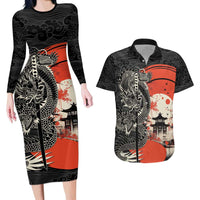 Japanese Dragon Katana Enso Couples Matching Long Sleeve Bodycon Dress and Hawaiian Shirt Japan Pagoda Seamless Cloud LT14 Black - Polynesian Pride