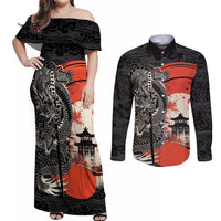 Japanese Dragon Katana Enso Couples Matching Off Shoulder Maxi Dress and Long Sleeve Button Shirt Japan Pagoda Seamless Cloud LT14 Black - Polynesian Pride