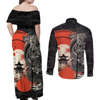 Japanese Dragon Katana Enso Couples Matching Off Shoulder Maxi Dress and Long Sleeve Button Shirt Japan Pagoda Seamless Cloud LT14 - Polynesian Pride